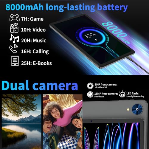 Android 15 Tablet with Keyboard, 26GB+256GB(2TB Expand), 10.1 Inch Tablet 8000 mAh Battery, BT 5.0, 5G WiFi, Widevine L1, Dual Camera