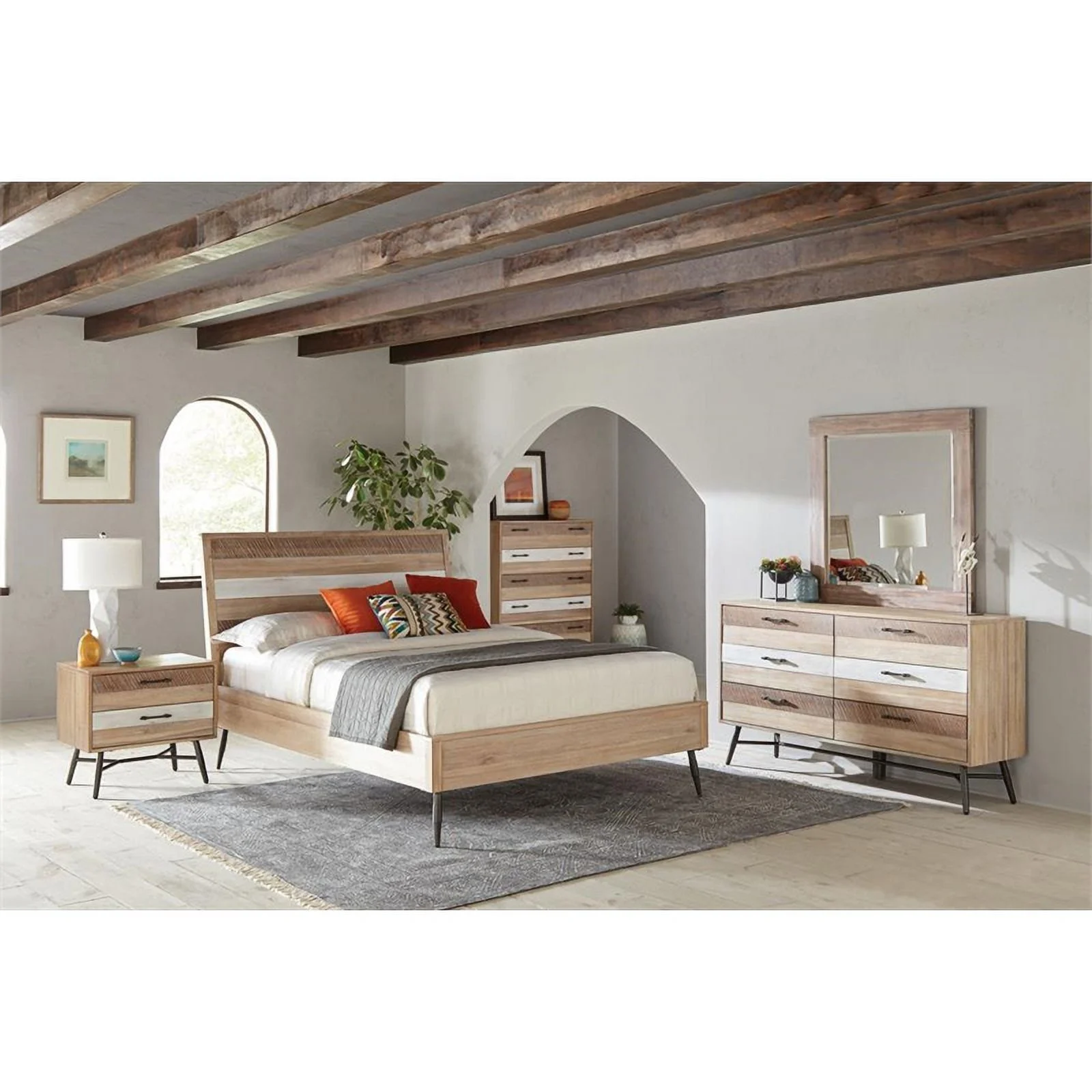 Maklaine 4-piece Farmhouse Wood Eastern King Bedroom Set in Brown