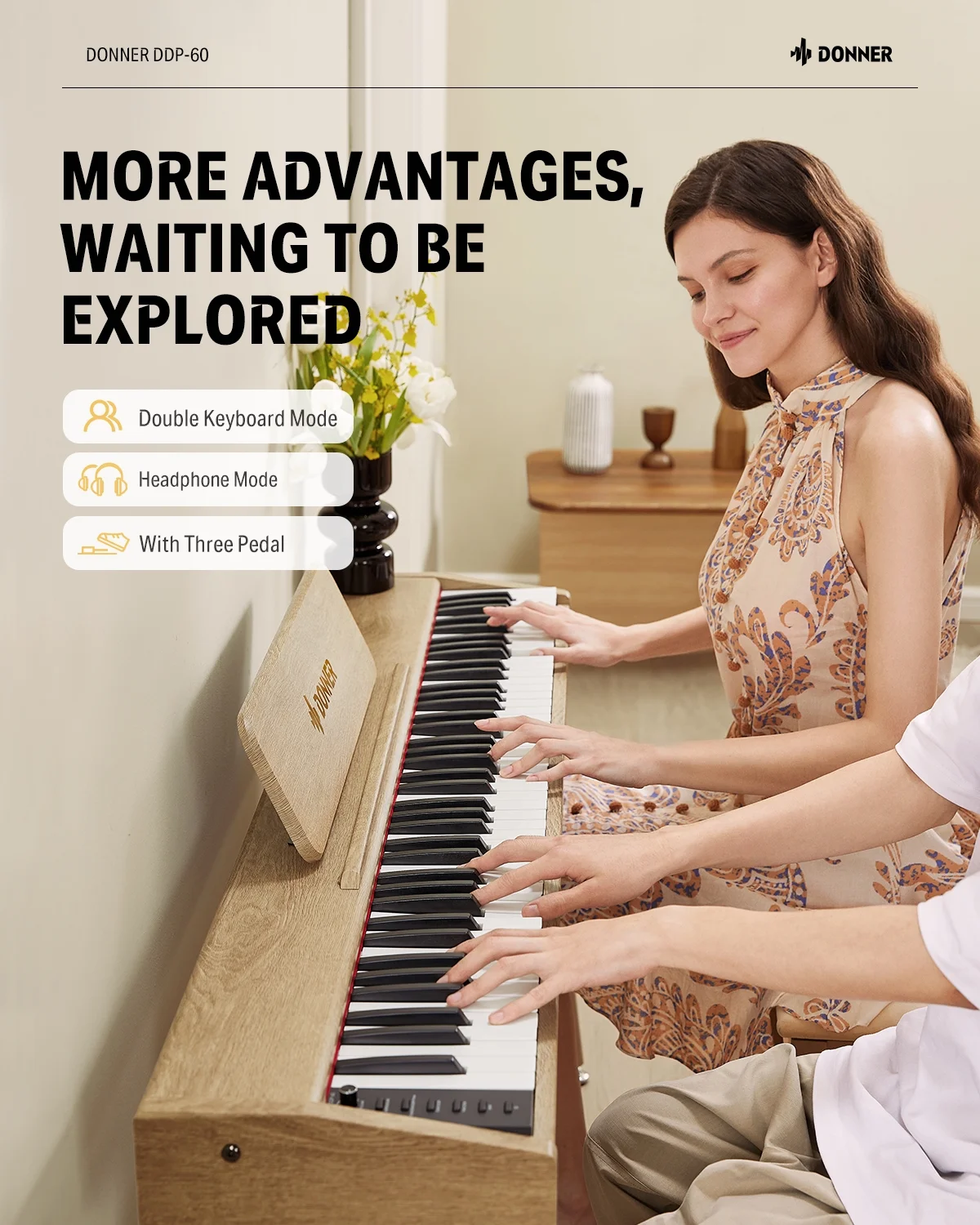 Donner DDP-60 88 Key Digital Piano Electric Keyboard with Speakers, 128 Voices, 83 Rhythms, 4 Reverb Effects, Light Wood