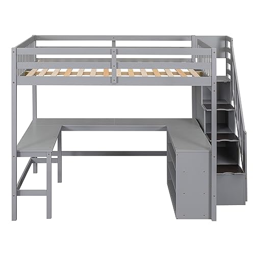 Full Size Loft Bed with Desk & Wardrobe, Solid Wood Kids Loft Bedframe w/3 Storage Drawers & 2 Shelves, Maximum Space Design, for Bedroom, Dorm, Gray