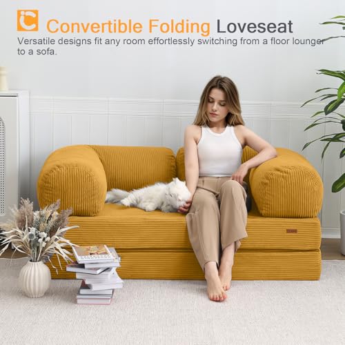 COMAX Folding Sofa Bed, Convertible Chair Bed Corduroy 3-in-1 Foldable Floor Couch with High-Density Foam, Futon Sofa Sleeper Mattress