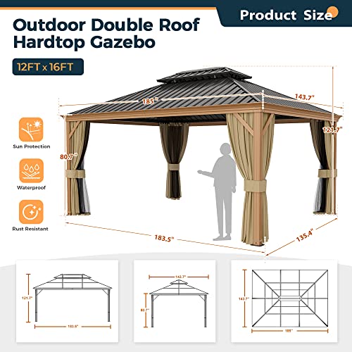 HAPPATIO 10' x 12' Hardtop Gazebo with Netting and Curtains, Double Roof Permanent Patio Metal Gazebo Canopy for Patio, Deck, Backyard （Gray）