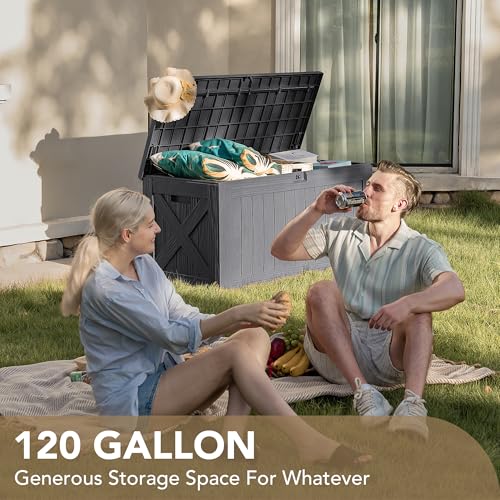 Devoko 120 Gallon Deck Box Resin Outdoor Storage Box Waterproof for Patio, Large Outdoor Storage Bench Lockable for Outside (Black)