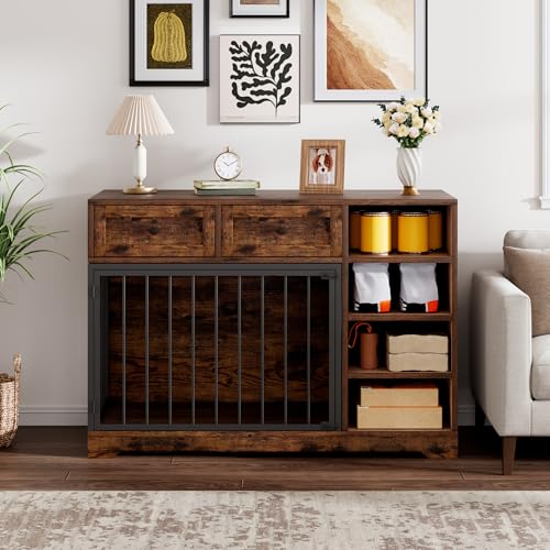 IDEALHOUSE 47” Large Dog Crate, Dog Kennel Indoor with 2 Drawers and 4 Shelves, Dog Crate Furniture TV Stand, Wooden Dog Cage for Medium Large Dogs