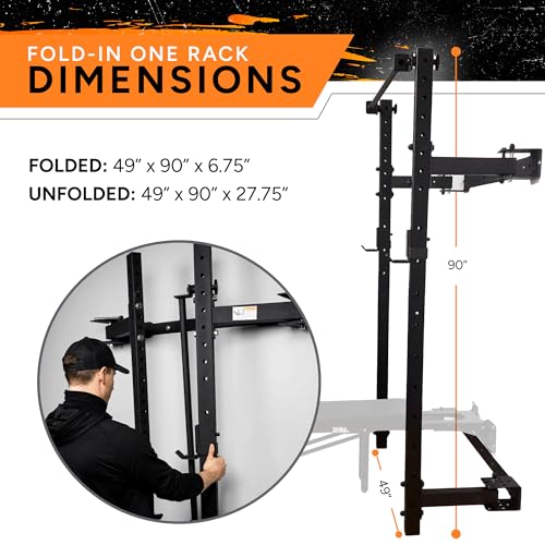 PRx Performance Wall Mounted Folding Power Squat Rack - Heavy Duty Adjustable Pull Up Bar, Space Saving Home Gym Equipment with Durable J-Cups