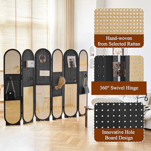4 Panel Room Dividers and Folding Privacy Screens, 5.6Ft Wooden Pegboard Display, Privacy Dividers for Bedroom