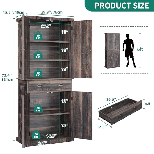 YITAHOME 72'' Tall Kitchen Pantry Cabinets, Farmhouse Storage Cabinets with Barn Doors, Drawer ＆ Adjustable Shelves