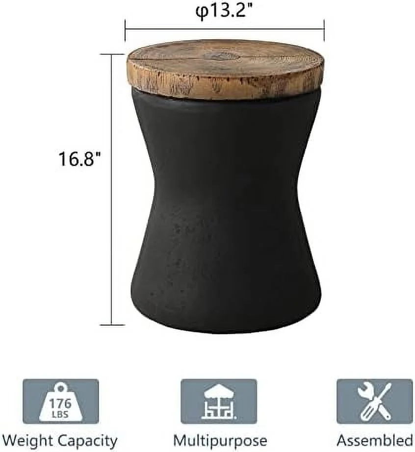 Drum End Table Cylinder Shaped Concrete Side Table Faux-Wood Top  Black Outdoor Accent Table with Tree Trunk Slice Hand Painted  Accent Stool