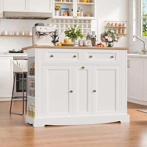 Kitchen Island with Storage, Kitchen Cart with Drop Leaf Countertop, Island Table with Open Spice Rack, 2 Drawers & Pull-Out Slim Bar Cart, White
