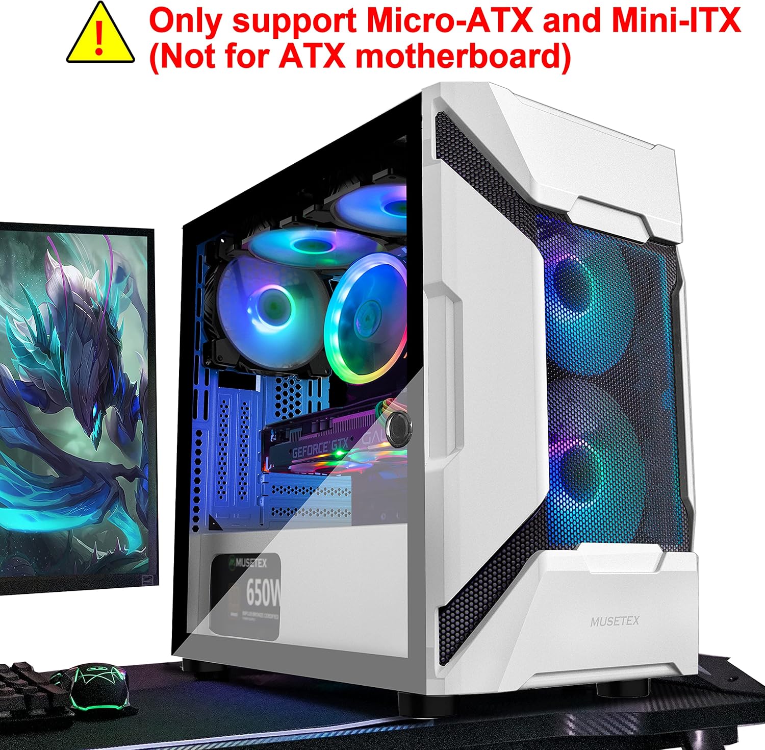 MUSETEX Mesh MATX (Micro-ATX) Mid Tower Case with 5 PCS × ARGB Fans Pre-Installed and 2 PCS × USB 3.0 Ports