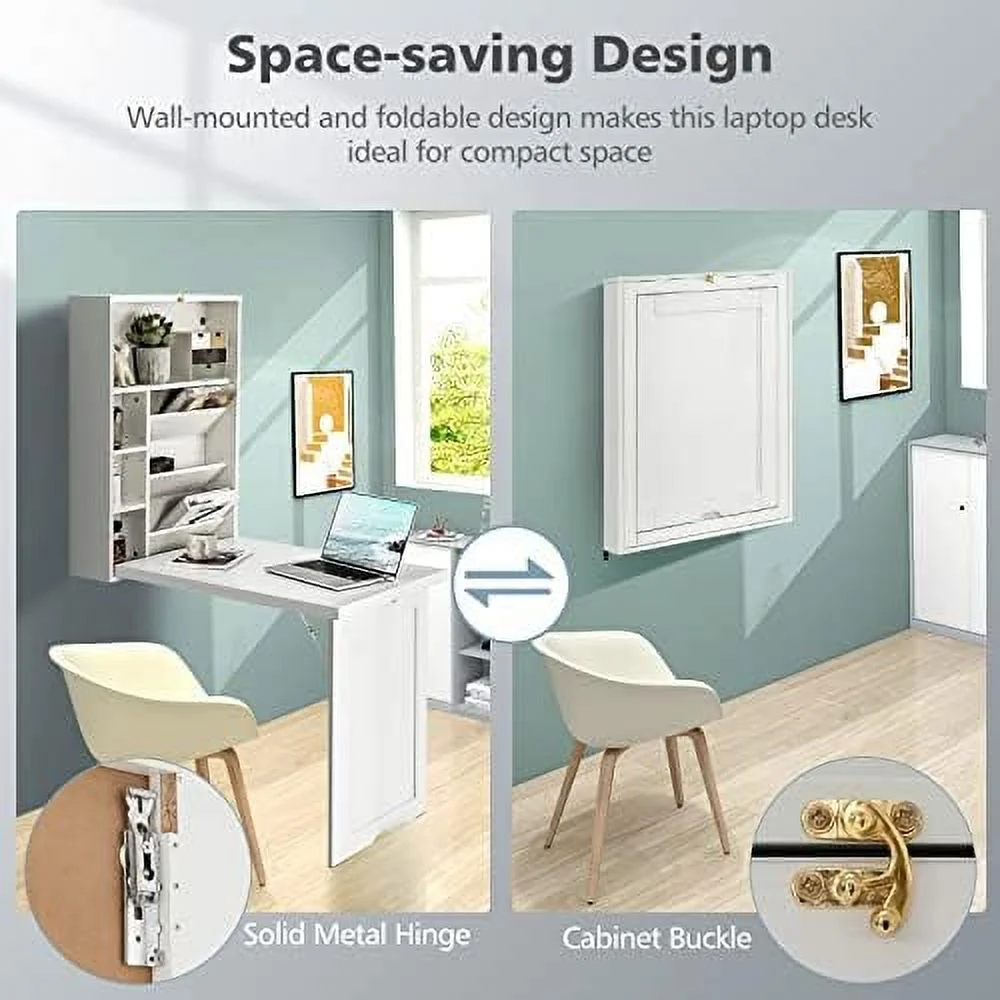 HJZBNONE Wall Mounted Desk  Folding Floating Desk with 3-Tier Tilt  Partition and Adjustable Shelves  Space-Saving Fold up Desk Laptop Desk