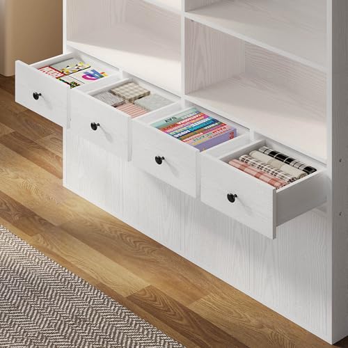 IRONCK 78.7" Bookcase with 4 Drawers and 4 Doors, 6 Tier Large Bookshelf with Storage, Floor Standing Display Storage Shelves