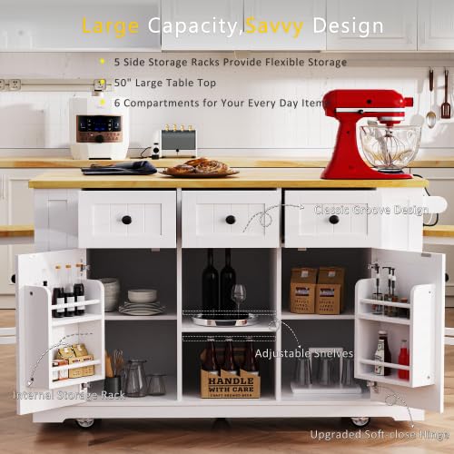 Bellemave Kitchen Island with Storage Cabinet on Wheels, 53.5'' Mobile Kitchen Cart with Power Outlet, Drop Leaf, Spice/Towel Rack and Drawer