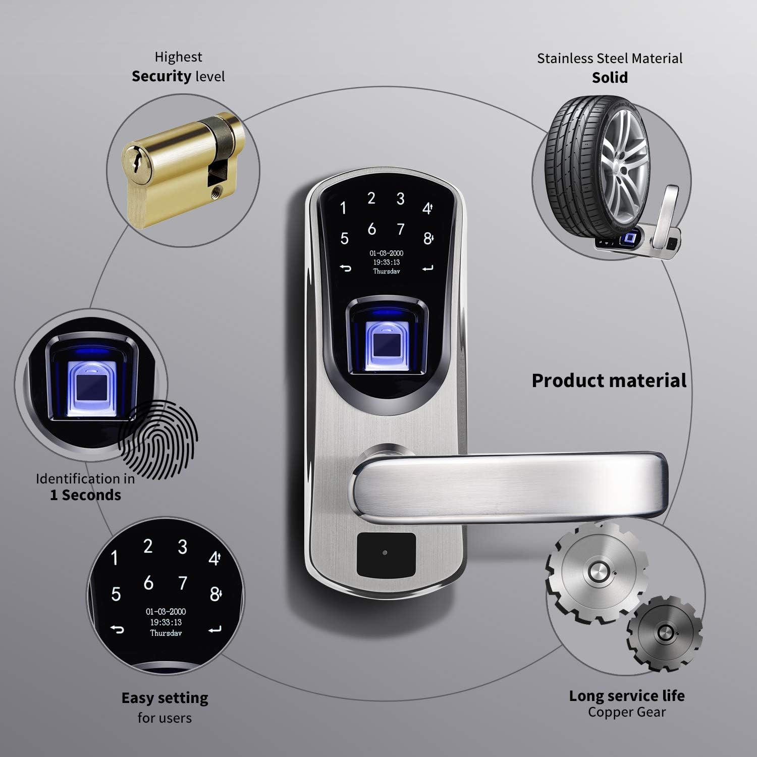 WeJupit V8 Fingerprint Keyless Entry Smart Door Lock Stainless Steel Touchscreen with Electronic Keypads, Spare Key, Two-Factor Authentication