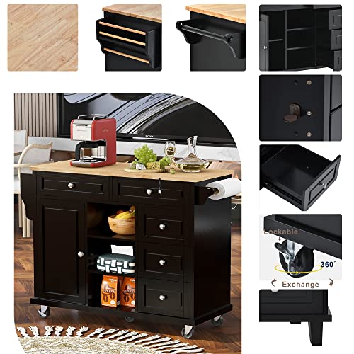 53.5''Farmhouse Kitchen Island with Power Outlet, Kitchen Storage Island with Drop Leaf, Spice Rack and Drawer, Rolling Kitchen Cart on Wheels
