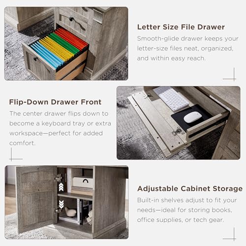 OKD 60" Executive Desk with Drawers, Farmhouse Home Office Desk with Charging Station, Keyboard Tray, File Cabinet Storage