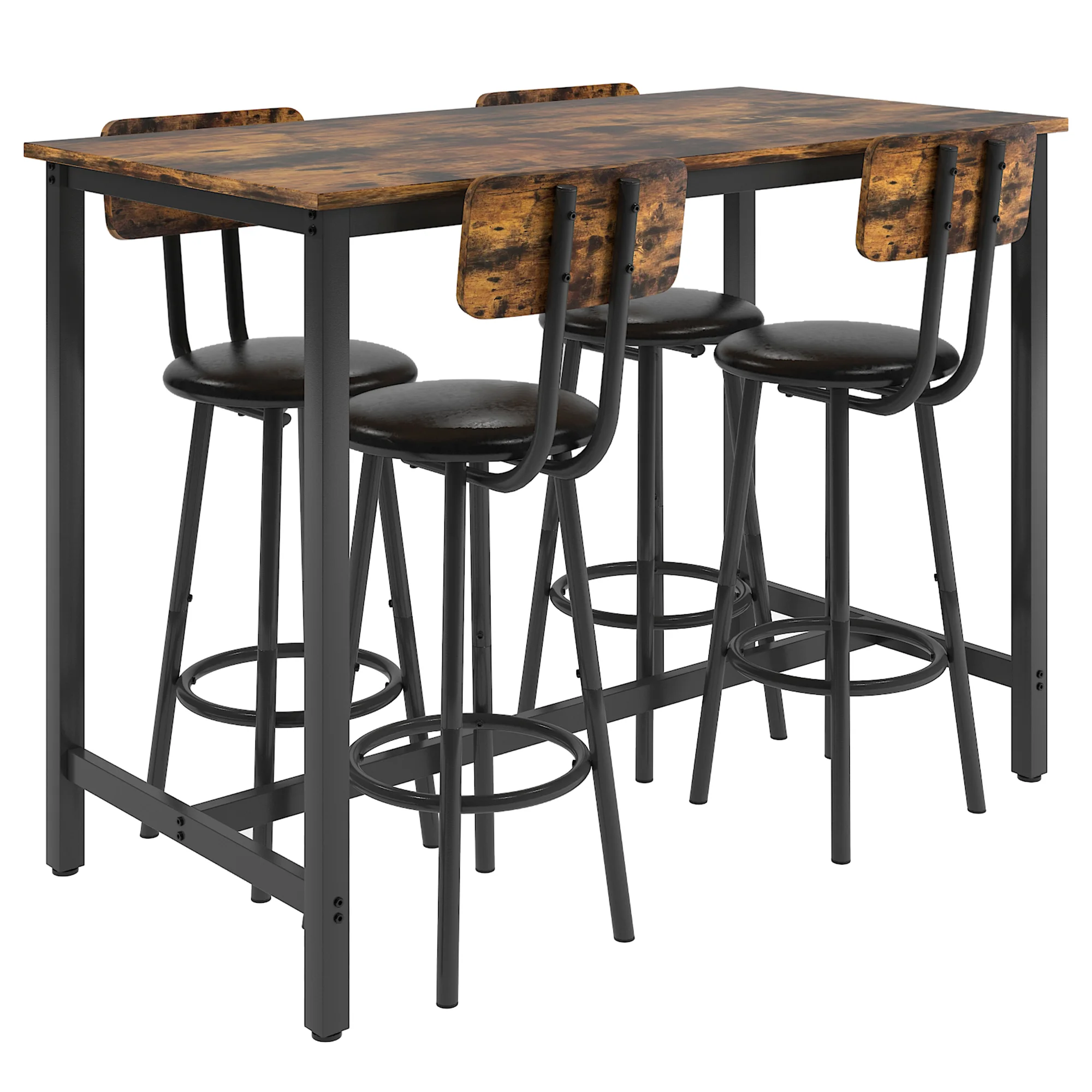 Paproos 5 Piece Dining Table Set, Bar Height Kitchen Table and Upholstered Stools with Backrest, Wooden Table Top and Metal Frame