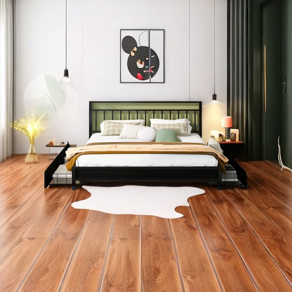 King Size Bed-Frame with Storage.Metal Platform Bed with Headboard.4 Drawers.Sturdy Metal-Frame.Easy to Install.No Spring Box Needed.Bedroom