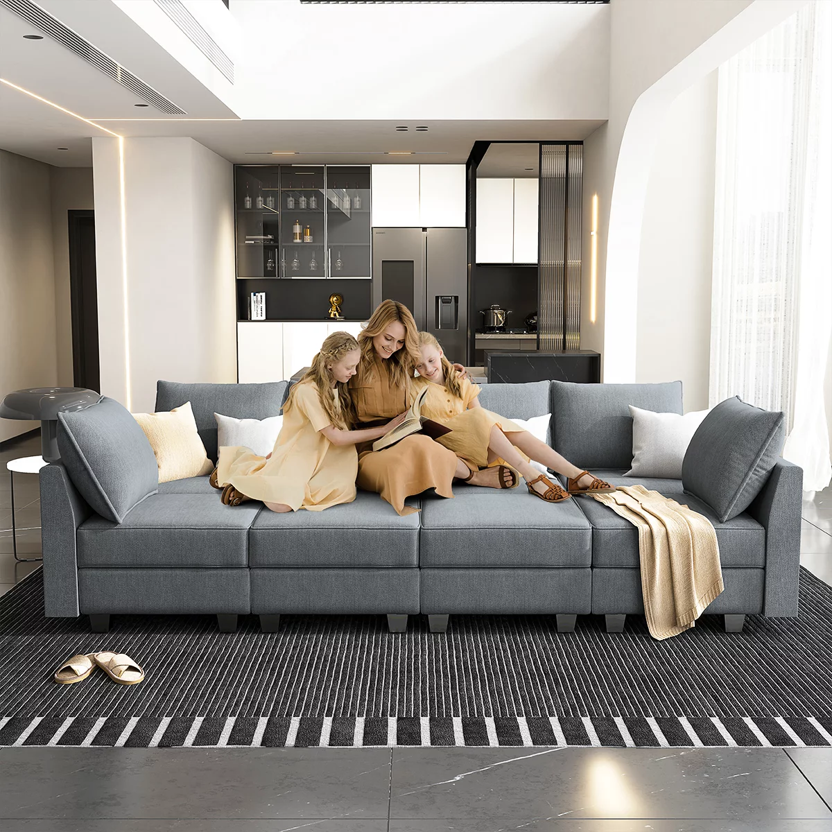 HONBAY Modern Sectional Convertible Sofa Sleeper Bed with Storage Ottomans for Living Room, Bluish Grey