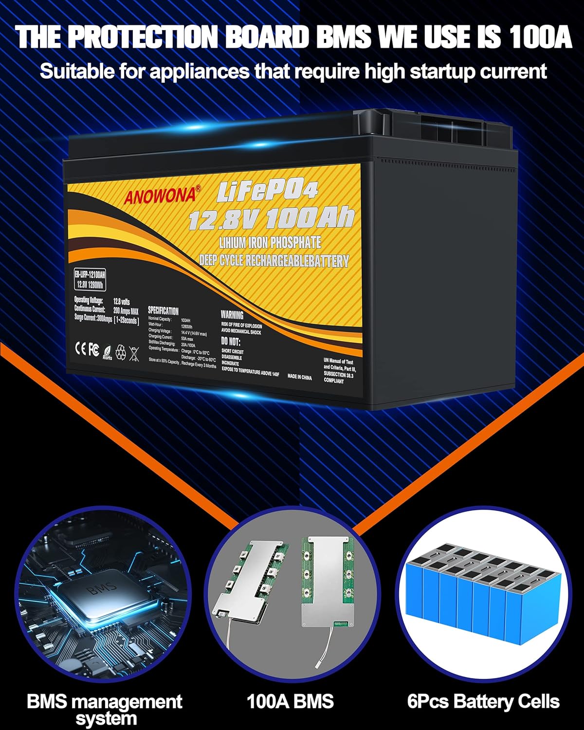 12.8V 200Ah Lithium Iron LiFePO4 Deep Cycle Battery, Built-in 100A BMS, 2000+ Cycles, 280amp Max, Perfect for RV, Solar, Marine, Overland