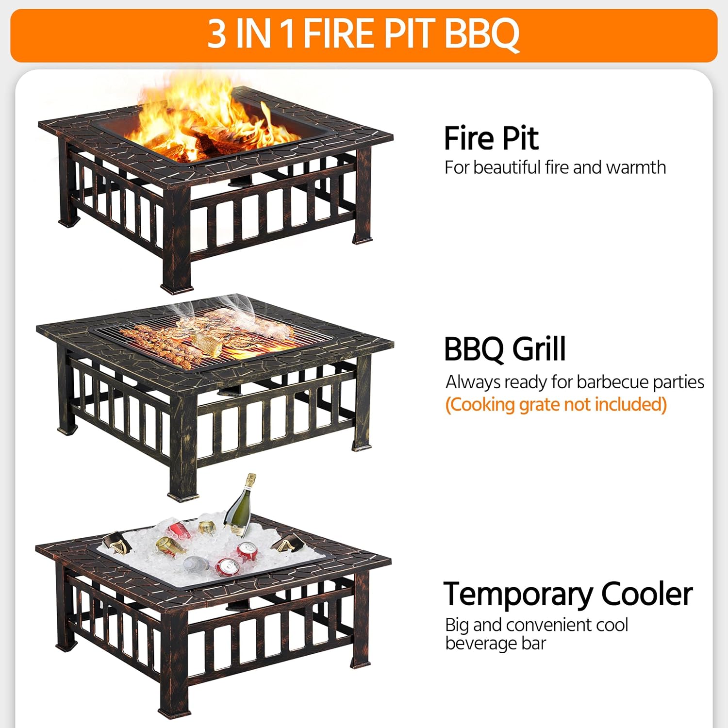 Yaheetech Multifunctional Fire Pit Table 32in Square Metal Firepit Stove Backyard Patio Garden Fireplace for Camping, Outdoor Heating