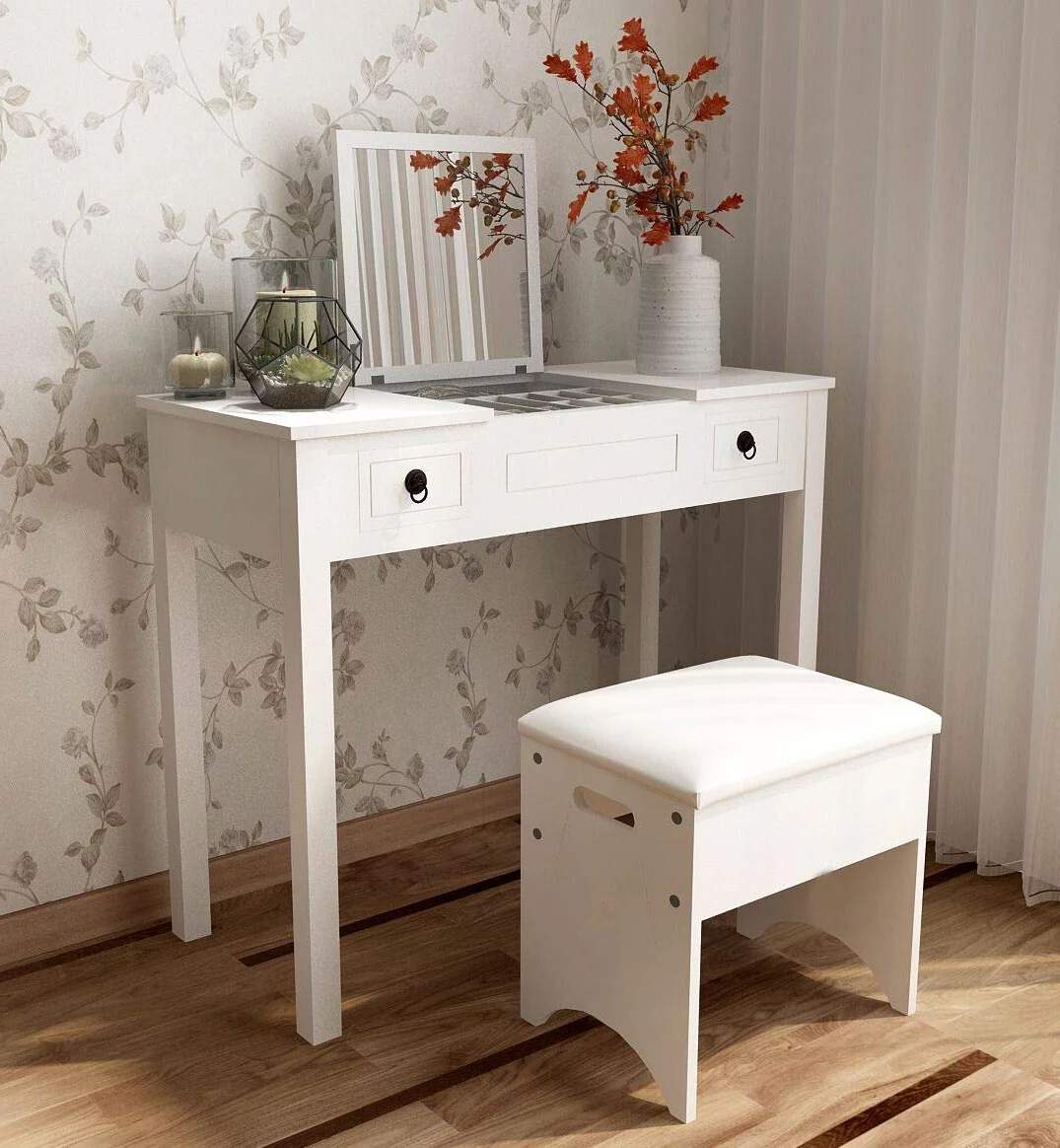 FCH Flip-top Mirror Vanity Set Makeup Dressing Table with 2 Drawers and Stool for Bedroom, White