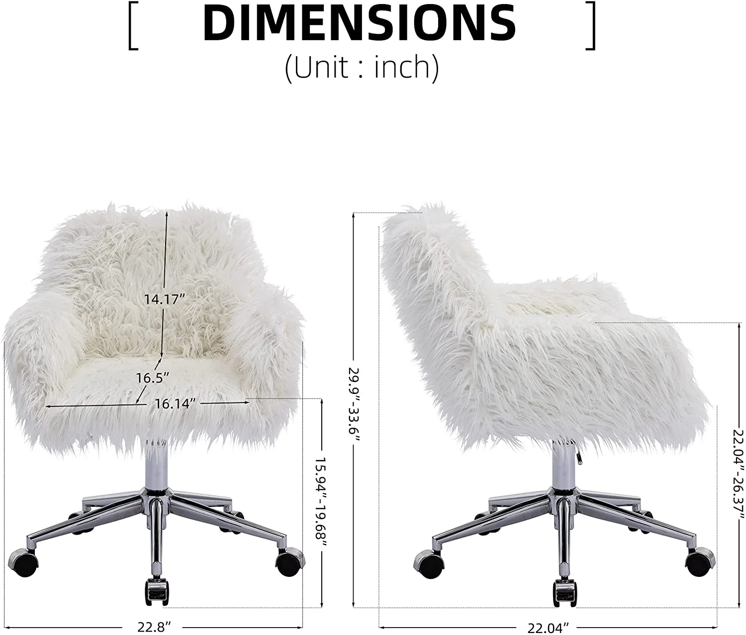 White Vanity Chair Faux Fur Swivel Home Office Desk Chair, Soft Fluffy Chair For Bedroom For Girls, Makeup Vanity Chair With Back