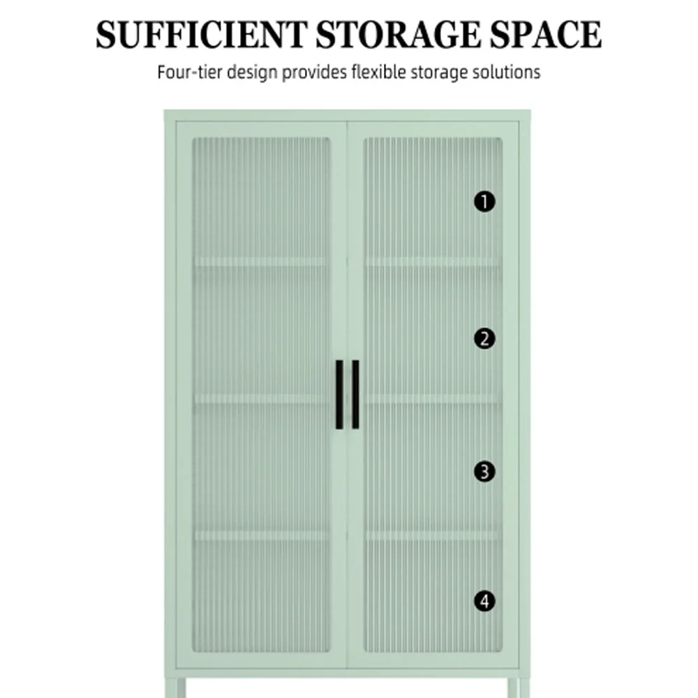Double Glass Door Storage Cabinet with Adjustable Shelves and Feet Cold-Rolled Steel Sideboard Furniture, Mint green - Radiant Selections