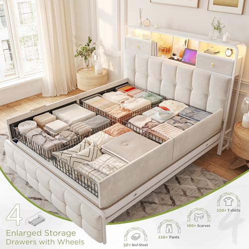 EnHomee King Size Bed Frame with 4 Storage Drawers King Bed Frame with Headboard Built in Charging Station and LED Lights, No Noise