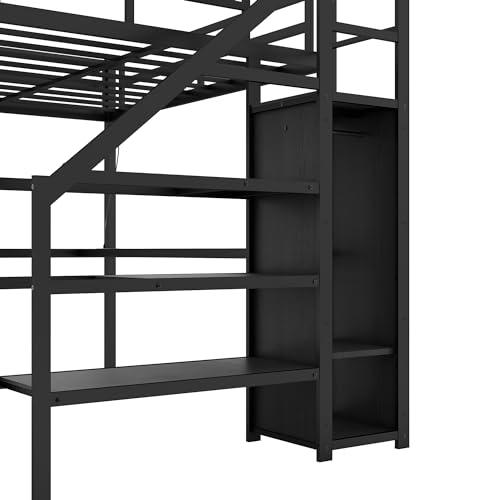 Bellemave Full Size Metal Loft Bed with L Shaped Desk and Wardrobe, Heavy Duty Loft Bed Frame with Storage Stairs