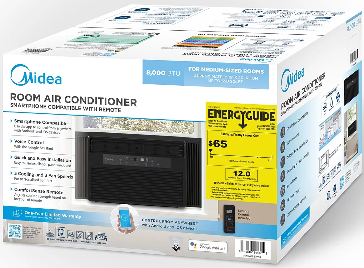 Midea 8,000 BTU 115V Smart Window Air Conditioner with Comfort Sense Remote, Covers up to 350 Sq. ft., Black, MAW08S1WBL
