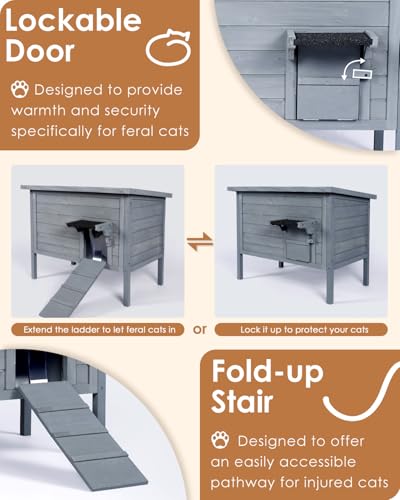 Ivy&Lane Outdoor-Cat-House | Insulated-Feral-Cat-Shelter | Weatherproof | for Winter | Foam & Wood | Large | for Multiple Cats | Fold-up Stair |