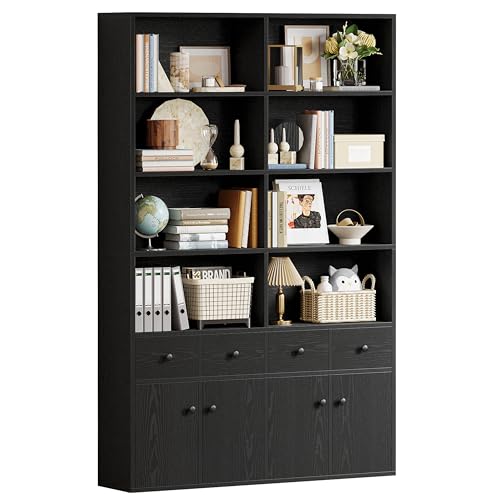 IRONCK 78.7" Bookcase with 4 Drawers and 4 Doors, 6 Tier Large Bookshelf with Storage, Floor Standing Display Storage Shelves