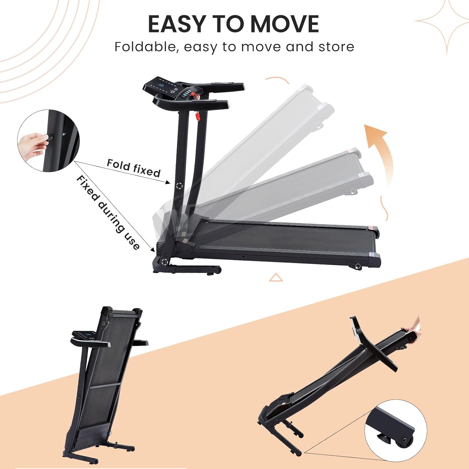 Treadmill - 2.5 HP folding treadmill, easy to move, with 3-speed incline adjustment and 12 preset programs, 3 countdown modes, heart rate, Bluetooth
