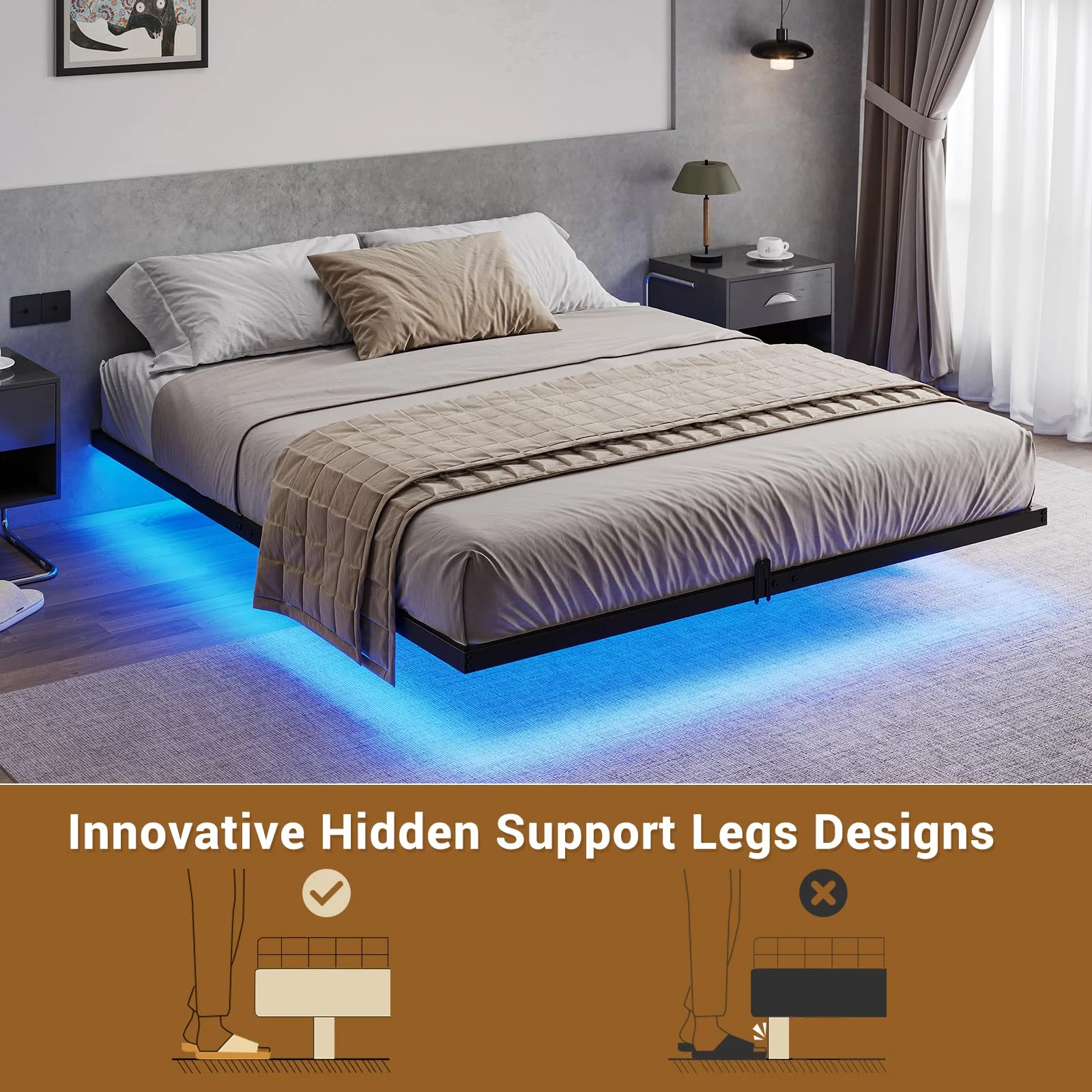 Queen Size Floating Bed Frame with LED Lights, Black Metal Platform Bed, No Box Spring Needed, Easy to Assemble