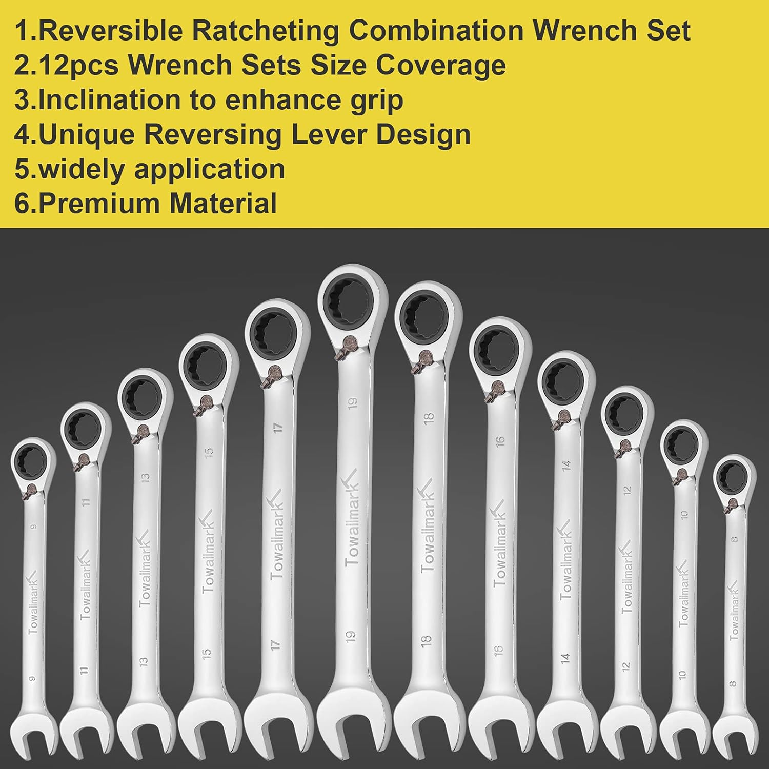 Towallmark 12-Piece Reversible Ratchet Combination Wrench Set, Metric,8mm-19mm Chrome Vanadium Steel Ratchet Wrenches