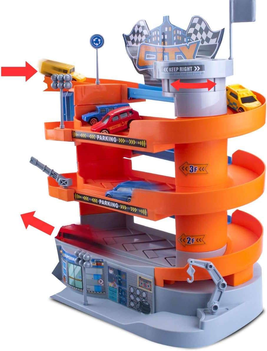 UNIH Kids Toy Car Garage, Toy Car Garage for Toddlers, 4 Level Parking Lot Toys with Ramp Elevator and 6 Car Toy Set, Car Ramp Toy for Boys