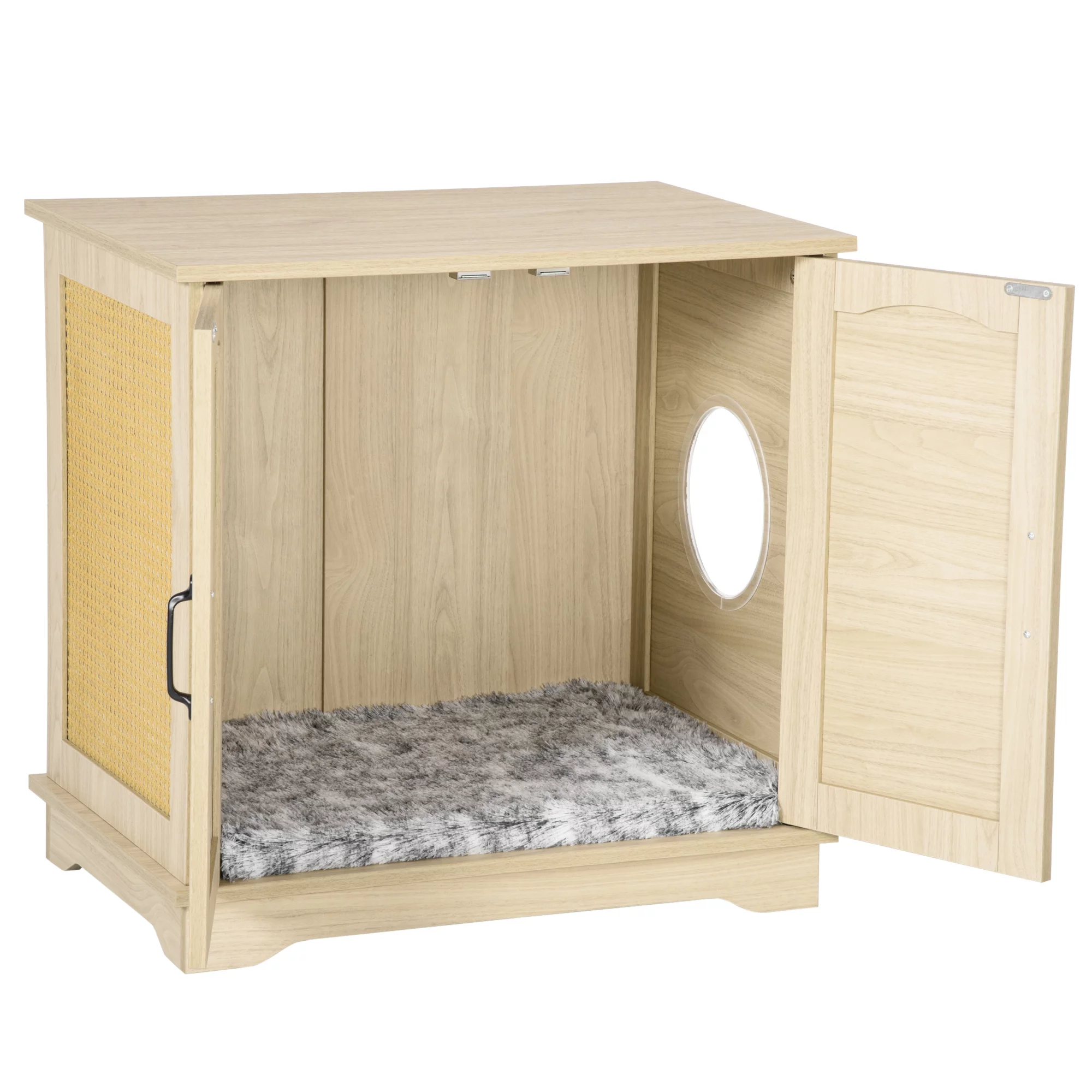 PawHut Hidden Litter Box Enclosure Cat Washroom Furniture with Cushion Double Doors Wooden Pet House End Table, Oak - Radiant Selections