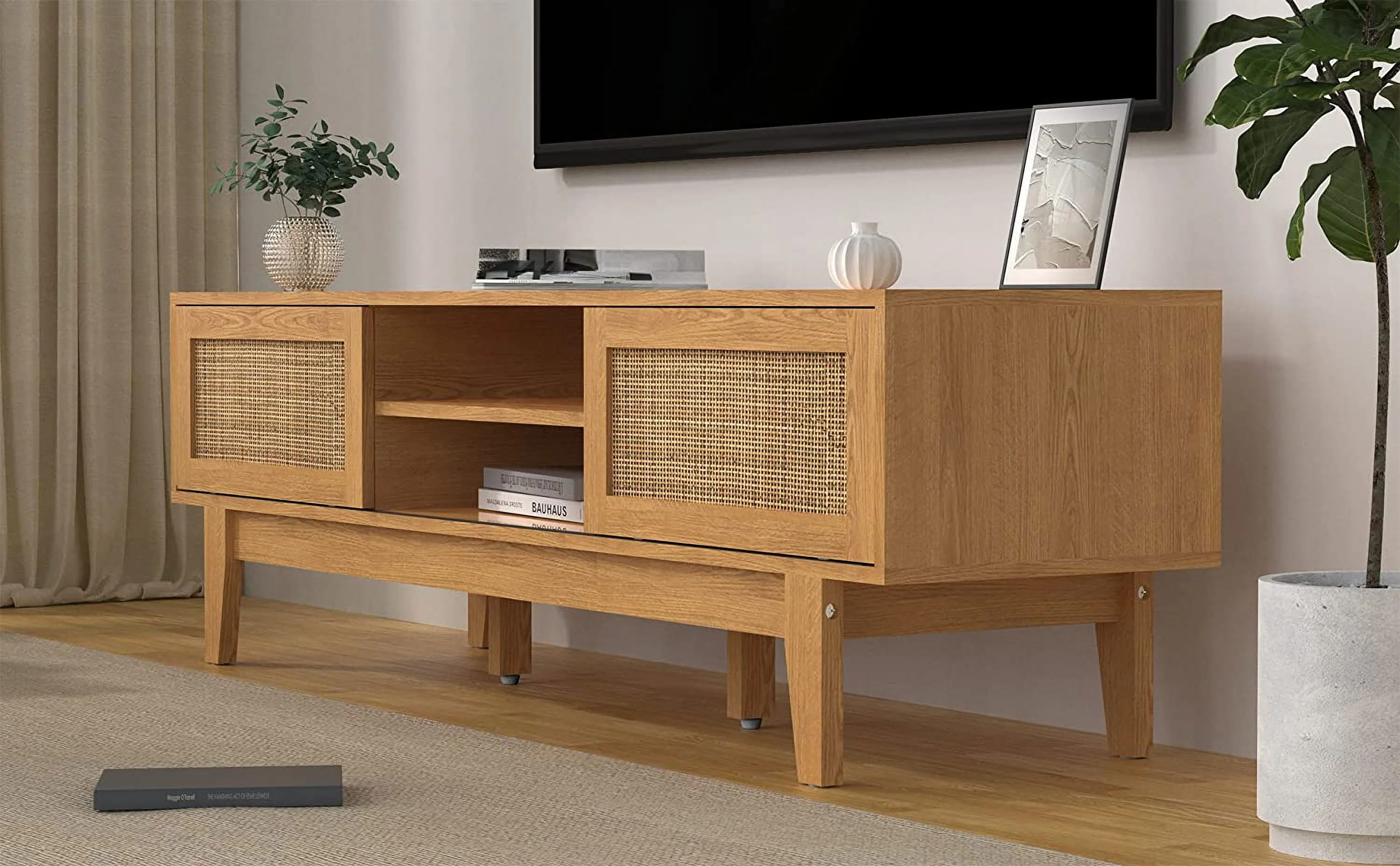 Popular TV Stand with Rattan Sliding Doors  Low Profile Television Stands for TVs up to 65 Inches TV  Modern Farmhouse Boho Home Media Console for