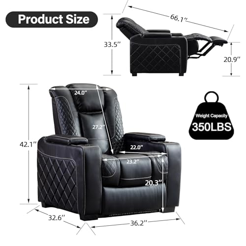 Electric Power Recliner Chair with Adjustable Headrest, Faux Leather Home Theater Seating Chairs with Ambient Lighting, Hidden Arm Storage, USB Ports