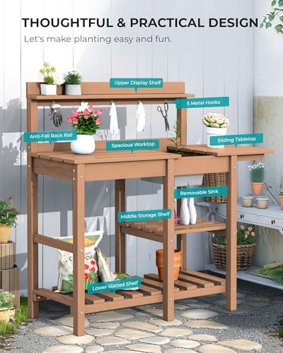 SERWALL Potting Bench Outdoor Potting Table with Sink, HDPE Potting Benches for Outside Gardening Table All Weather Use- Black