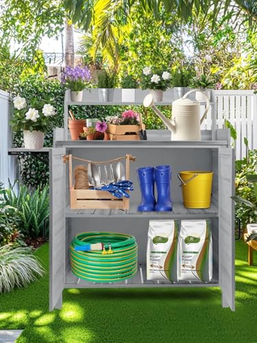 Kalolary Potting Bench for Outside Garden Potting Table with Storage Cabinet Foldable Shelf Multipurpose Garden Workstation Wooden Outdoor Potting