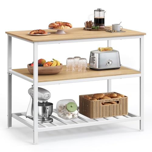 VASAGLE Kitchen Island with 3 Shelves, 47.2 Inches Width Kitchen Shelf with Large Worktop, Stable Steel Structure, Industrial, Easy to Assemble