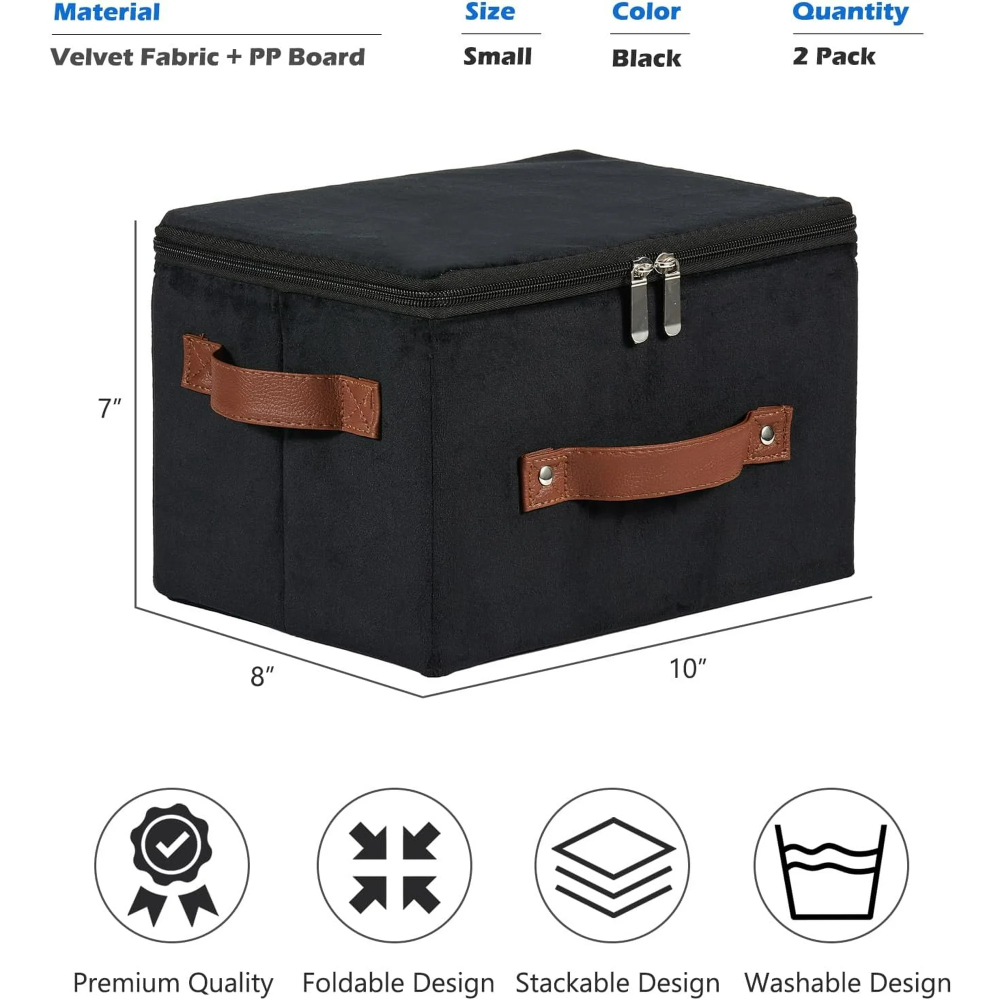 Storage Bins with Zipper Lid Velvet Fabric Storage Boxes Lidded Baskets Foldable Washable Decorative Closet Shelf Clothes Organizer Container with PU