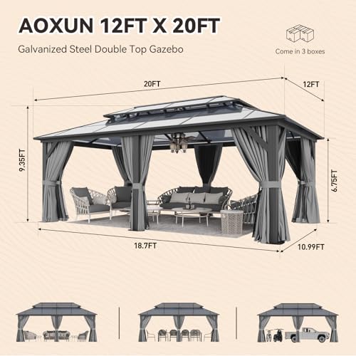 Aoxun 12'x16' Hardtop Gazebo, Aluminum Frame Permanent Pavilion with Netting and Curtains, Outdoor Polycarbonate Double Roof Canopy