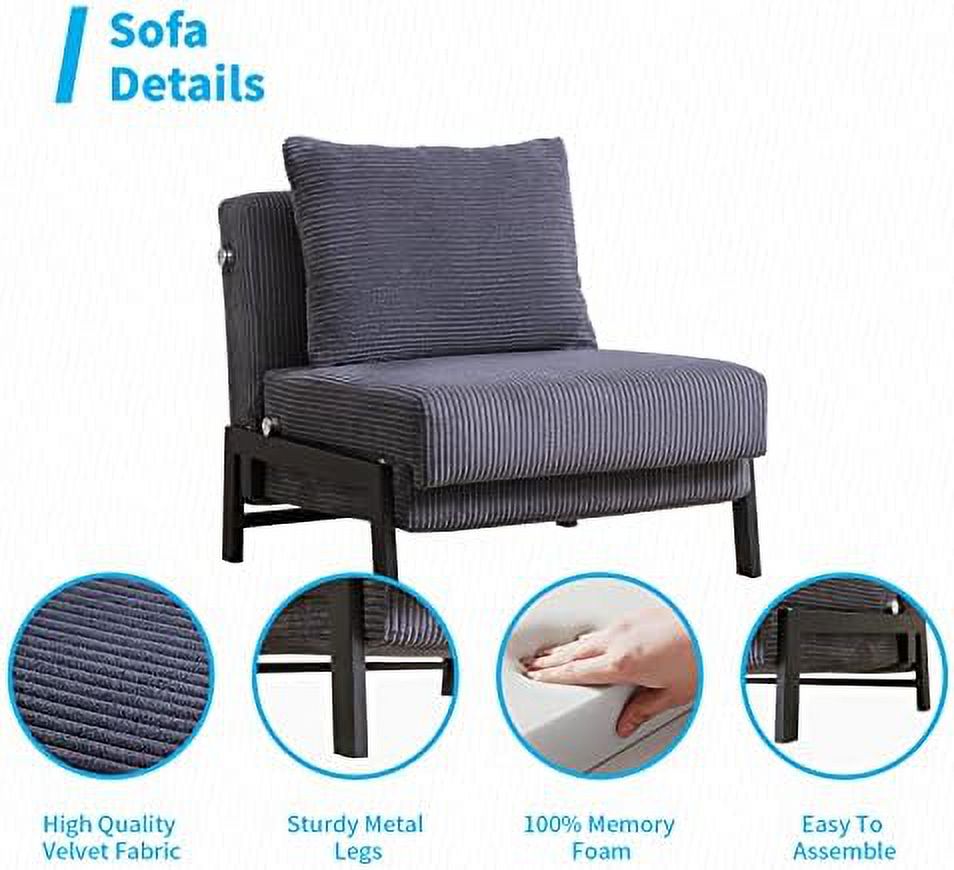 TJUNBOLIFE Pull Out Sleeper Chair Velvet Fabric Chair Bed with Memory Foam Foldable Futon Chair with Metal Leg Armless Sofa Chair Bed for Living Room