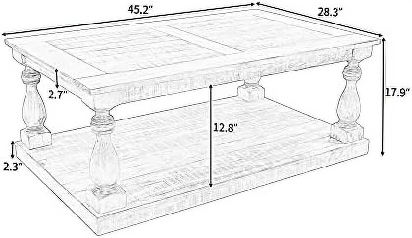 Rustic Floor Shelf Coffee Table Farmhouse Rustic With Storage Shelf For Living Room,Solid Pine Wood,Black
