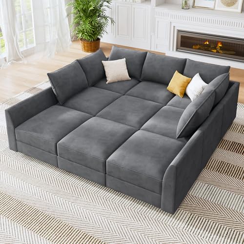 HONBAY Modular Sofa Sectional Sleeper Couch with Ottomans Reversible Sleeper Sectional Sofa Modular Couch with Storage, Aqua Blue