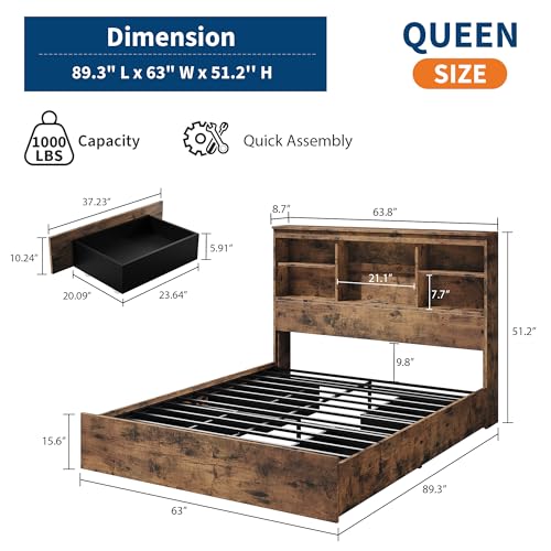 GarveeHome Full Size Bed Frame with High Storage Bookcase Headboard, Wood Bed Frame with 4 Storage Drawers, Built in Charging Station