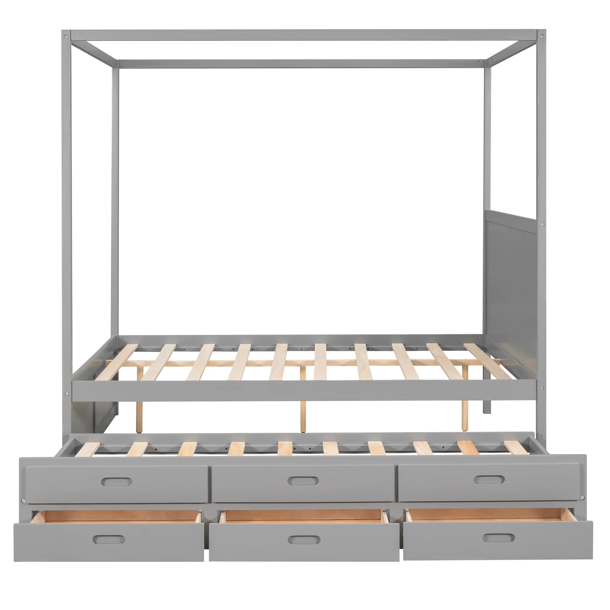 Bellemave Queen Size Canopy Bed with Twin Size Trundle and 3 Storage Drawers, Queen Platform Bed with Headboard, Wood Queen Bed Frame for Kids, Teens